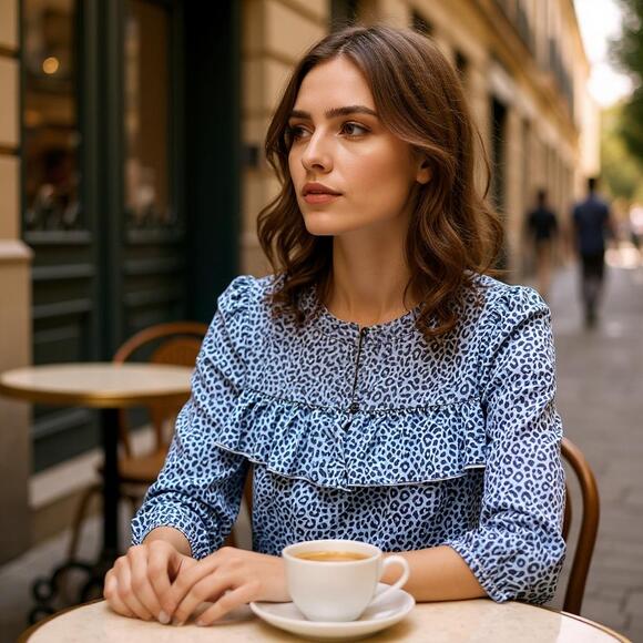 J. Crew Tops - J CREW Cheetah Print Ruffle Top Blue Long Sleeves Woven Cotton Casual Womens XXS